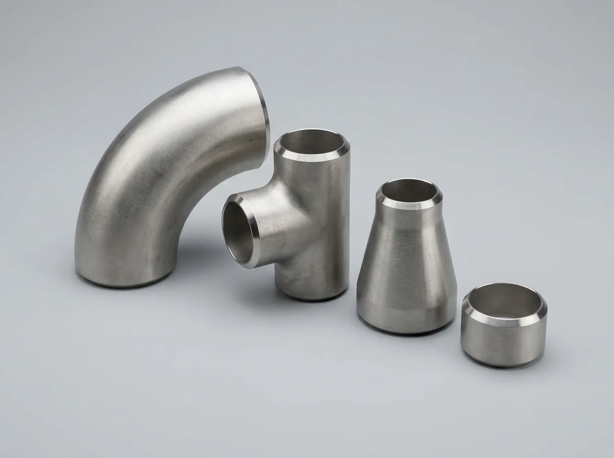 Illustration of stainless steel buttweld fittings (a 90-degree elbow, an equal tee, a concentric reducer and a cap) on a grey background