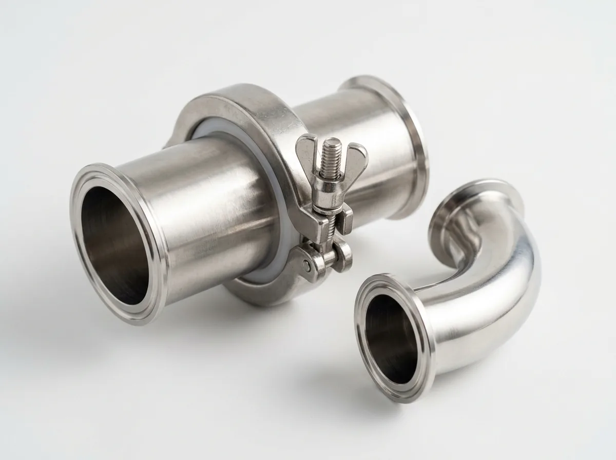 Illustration of a polished stainless tri-clamp joint with its hinged clamp and gasket, beside a hygienic bend, on white
