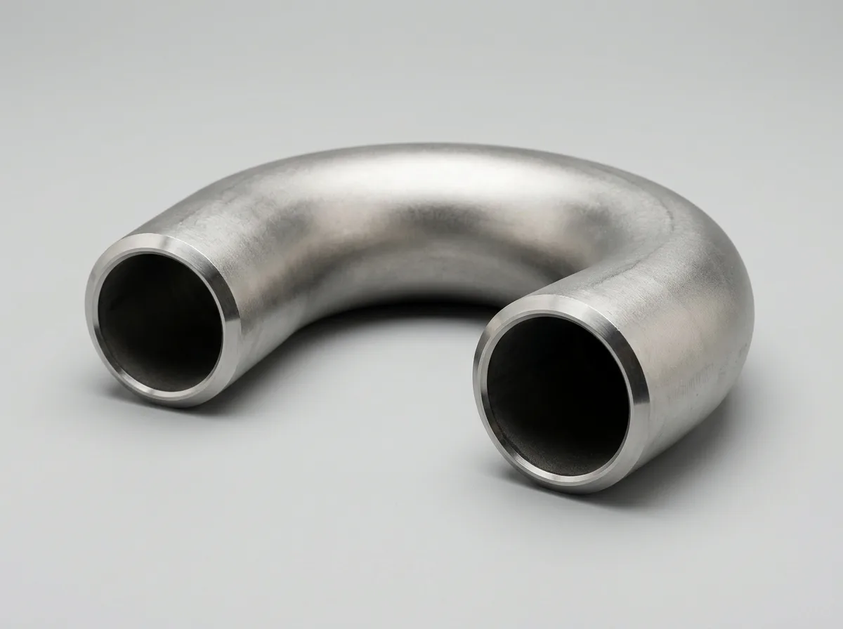 Illustration of a seamless stainless-steel ASME B16.9 buttweld 180-degree return bend, on a light grey background