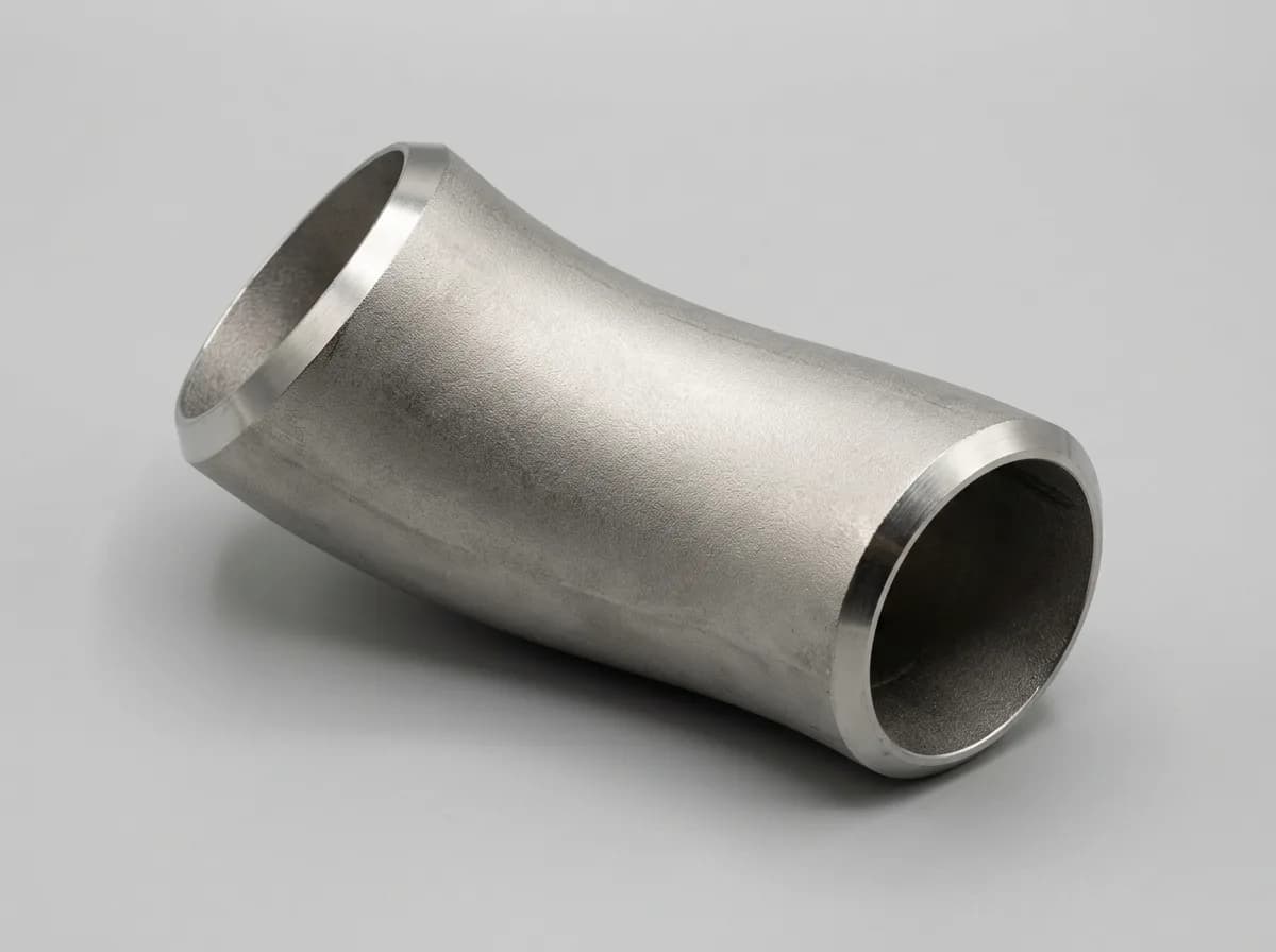 Illustration of a seamless stainless-steel ASME B16.9 buttweld 45-degree long-radius elbow, on a light grey background