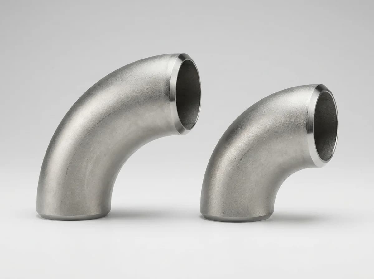 Illustration of two seamless stainless-steel ASME B16.9 buttweld 90-degree elbows, on a light grey background