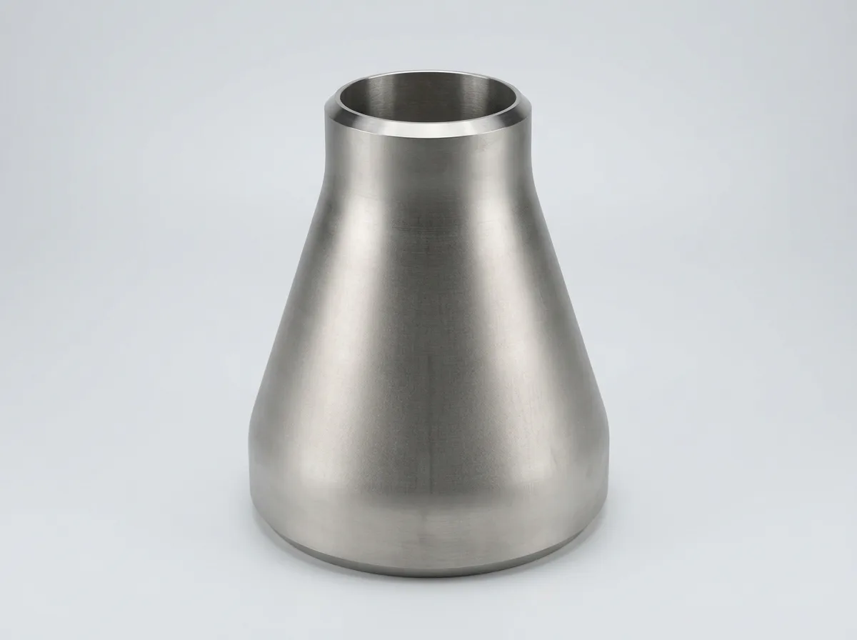 Illustration of a seamless stainless-steel ASME B16.9 buttweld concentric reducer, on a light grey background