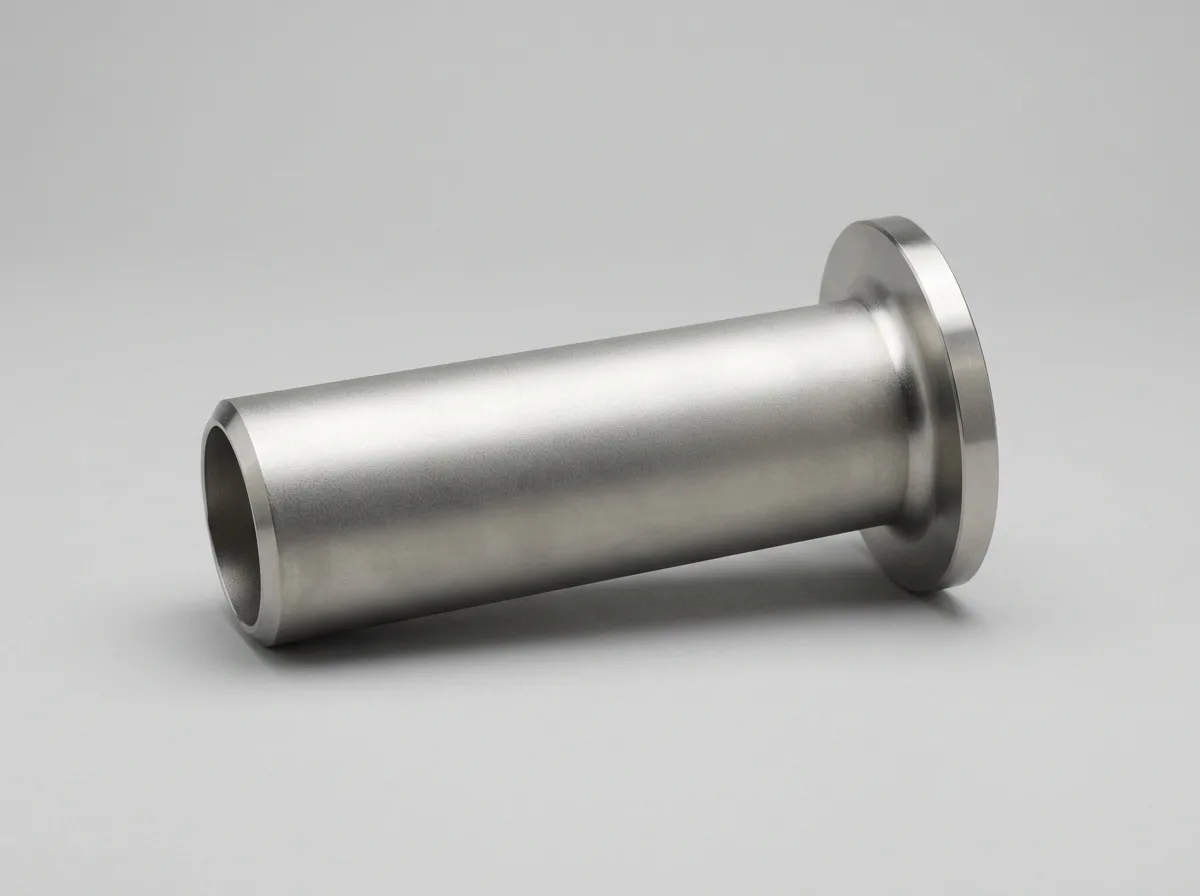Illustration of a stainless-steel ASME B16.9 long-pattern stub end, on a light grey background