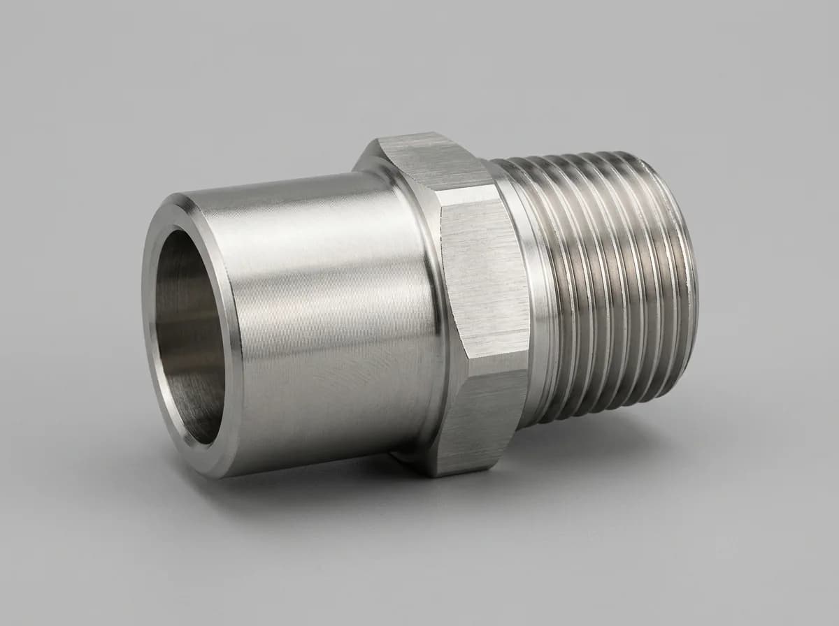 Illustration of a forged stainless-steel pipe adapter, on a light grey background