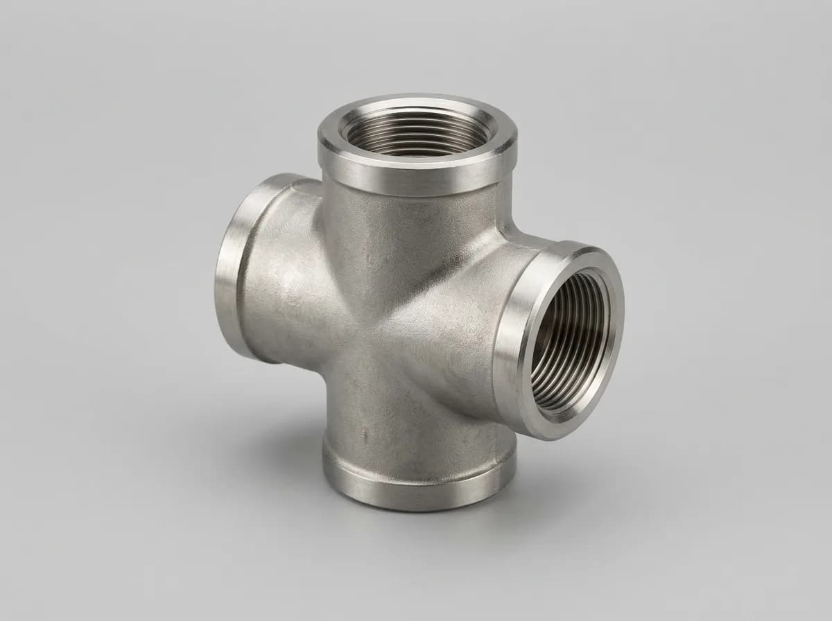 Illustration of a forged stainless-steel ASME B16.11 Class 3000 threaded equal cross, on a light grey background