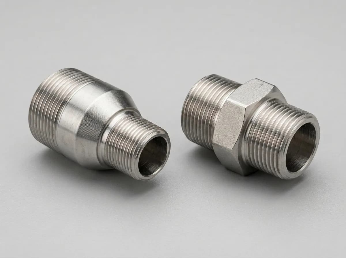Illustration of two forged stainless-steel nipples, on a light grey background