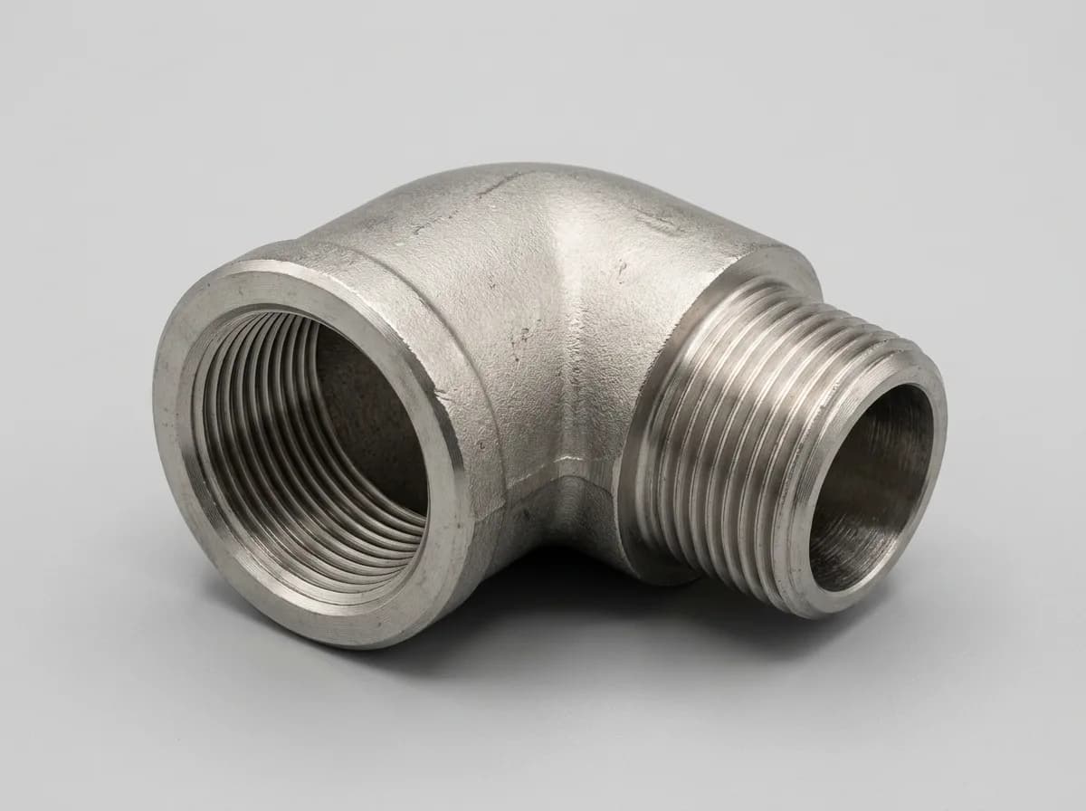 Illustration of a forged stainless-steel ASME B16.11 threaded 90-degree street elbow, on a light grey background