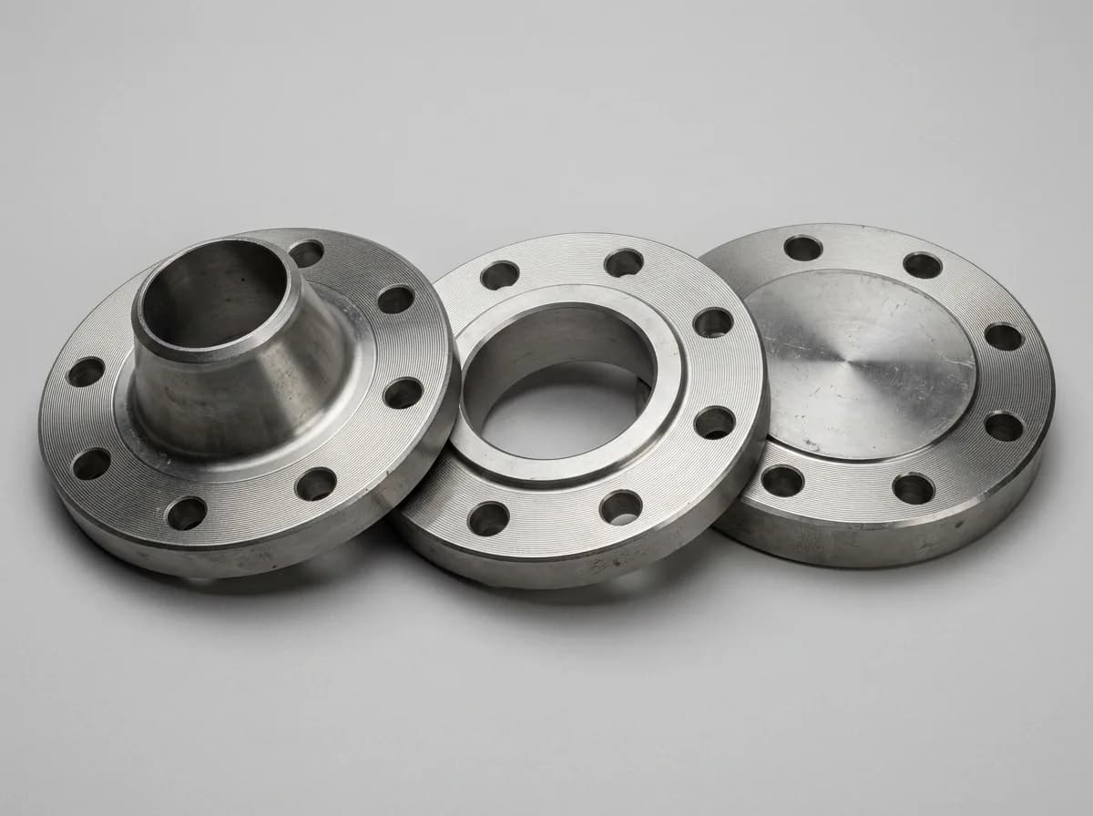 Illustration of three forged carbon-steel ASME B16.5 flanges arranged together, on a light grey background
