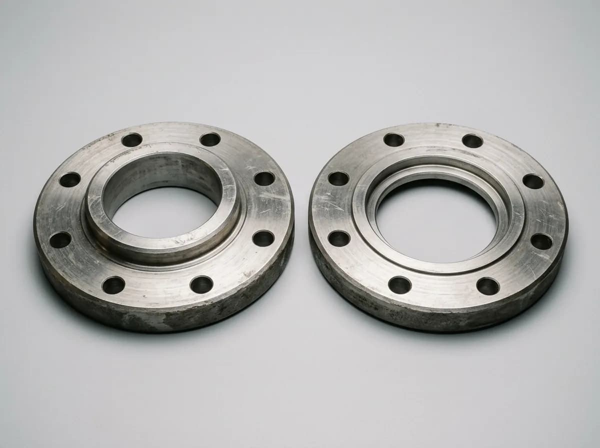 Illustration of a matched pair of forged carbon-steel male and female facing flanges side by side, on a light grey background