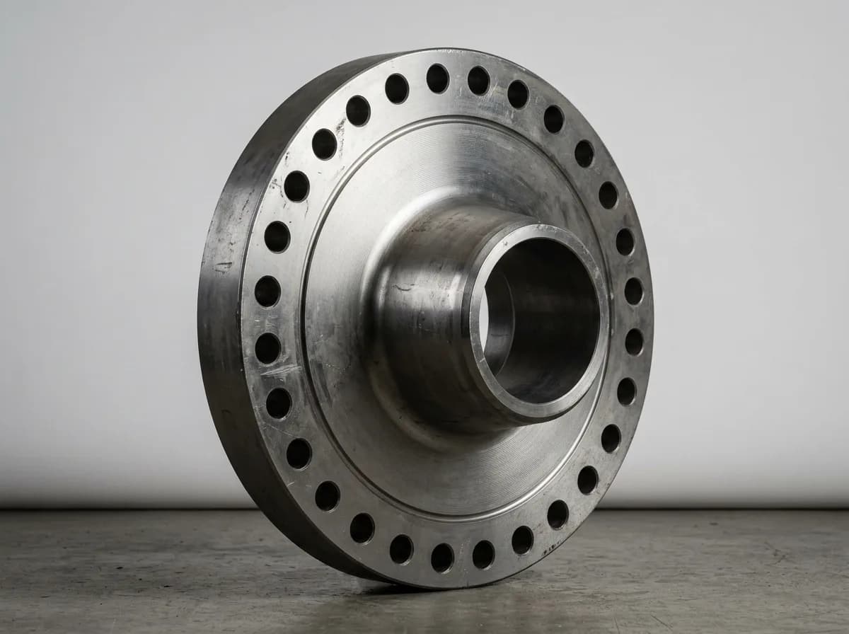 Illustration of a large-diameter forged carbon-steel ASME B16.47 Series A weld neck flange, on a light grey background
