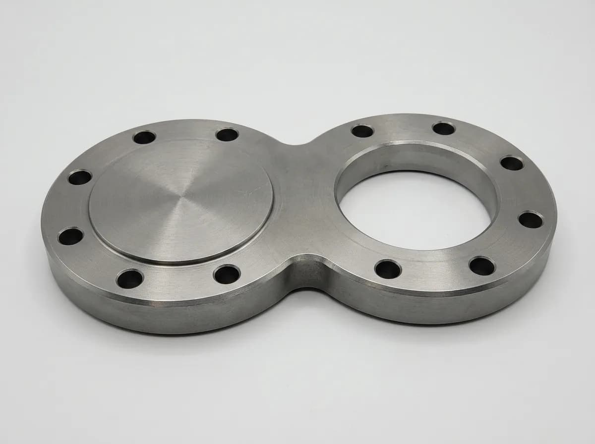Illustration of a carbon-steel spectacle blind (figure-8 blind), on a light grey background