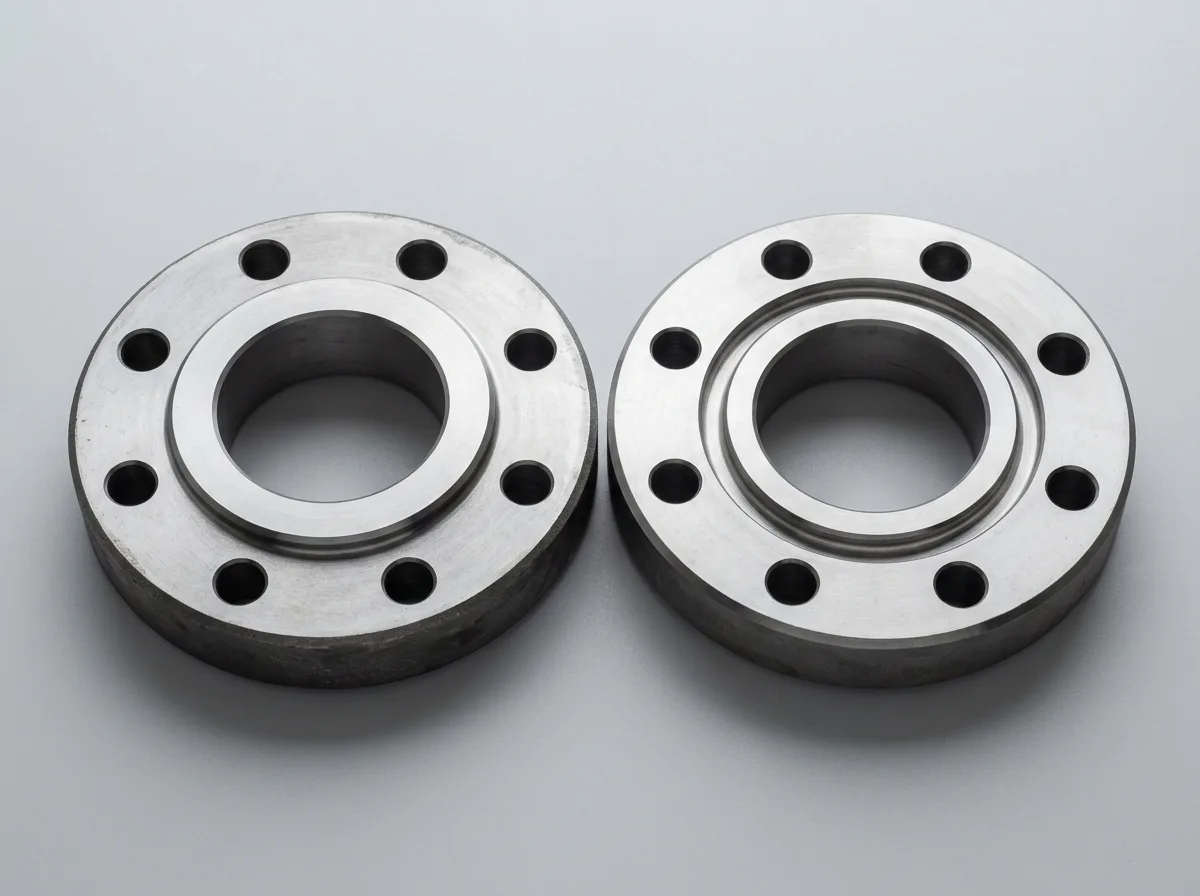 Illustration of a matched pair of forged carbon-steel tongue and groove flanges side by side, on a light grey background